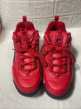 FILA Disruptor II Premium Chunky Sneaker Red Navy Blue Leather Women's 8 1/2